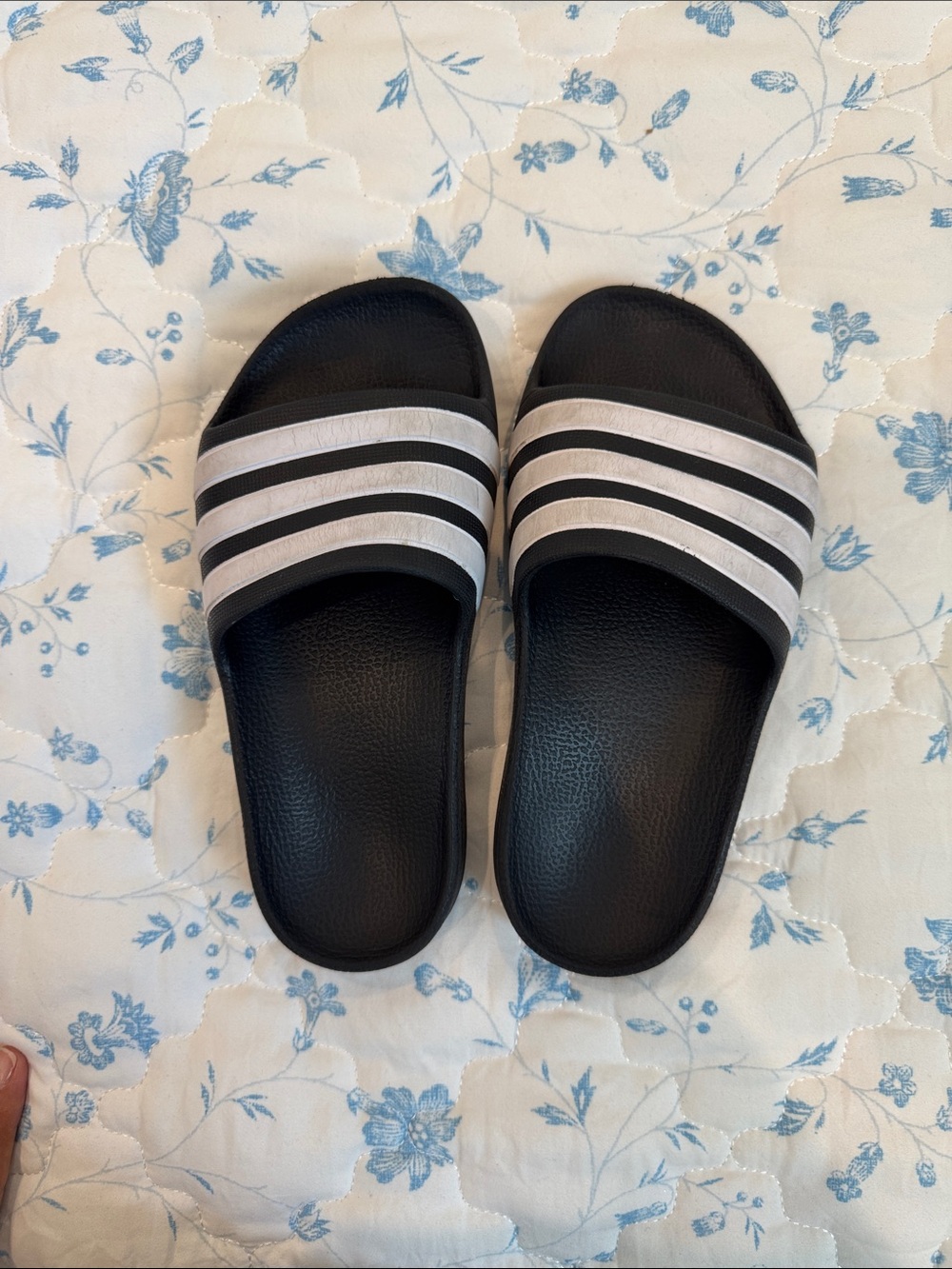 adidas Black and White Three-Stripe Slide Sandals